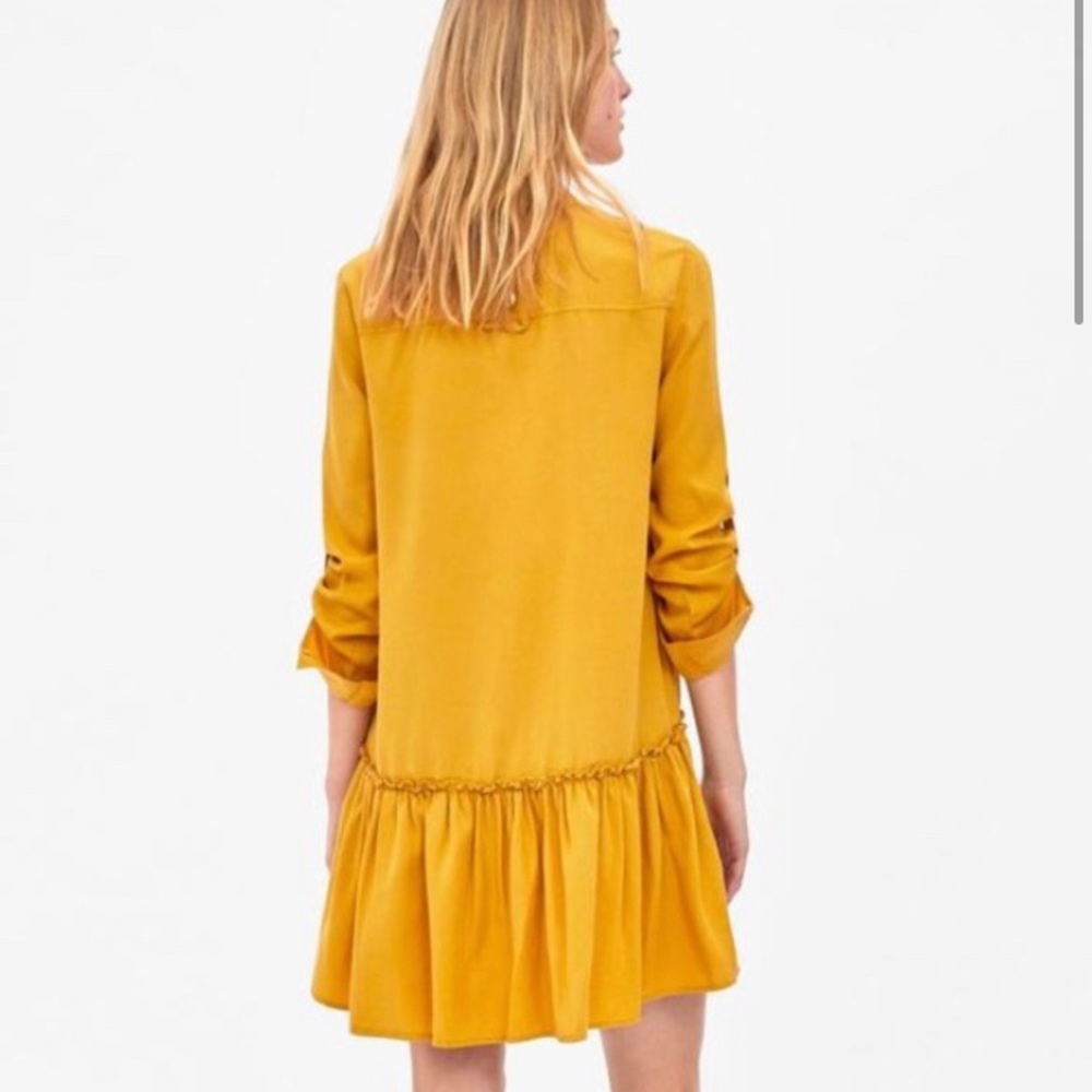 Zara Shirt Dress Mustard Yellow With Ruffled Hem - Picture 5 of 15